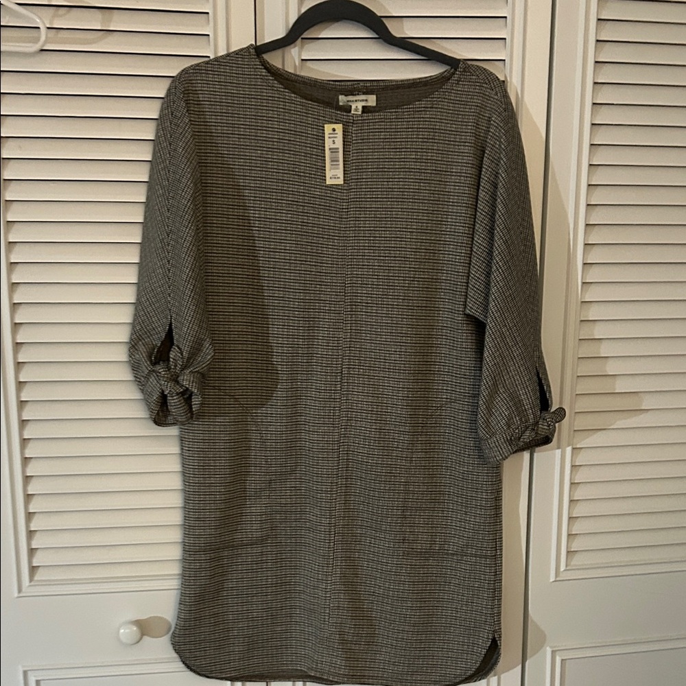Max Studio Black and Brown Houndstooth Shift Long Sleeve Boat Dress